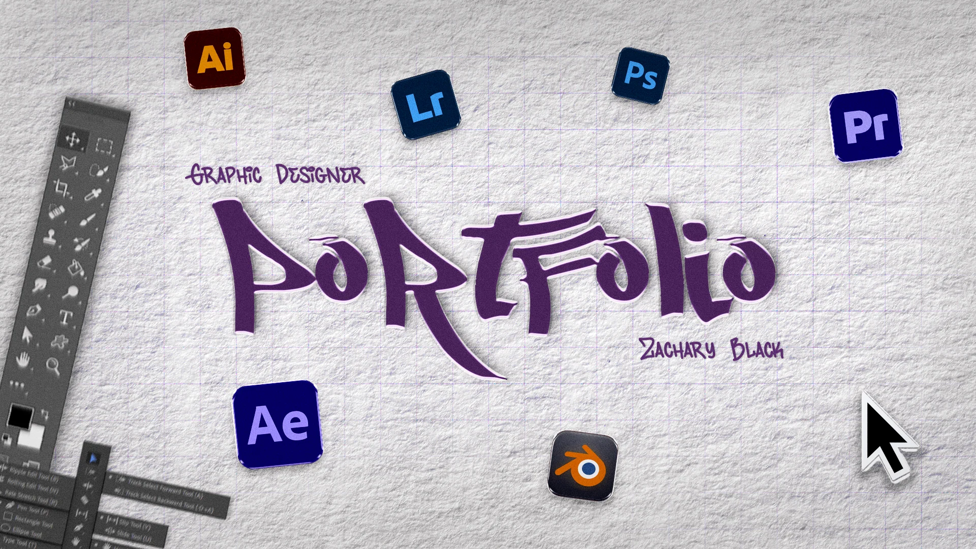 Zach's portfolio title card: purple graffiti lettering on grid paper with Adobe and Blender app icons